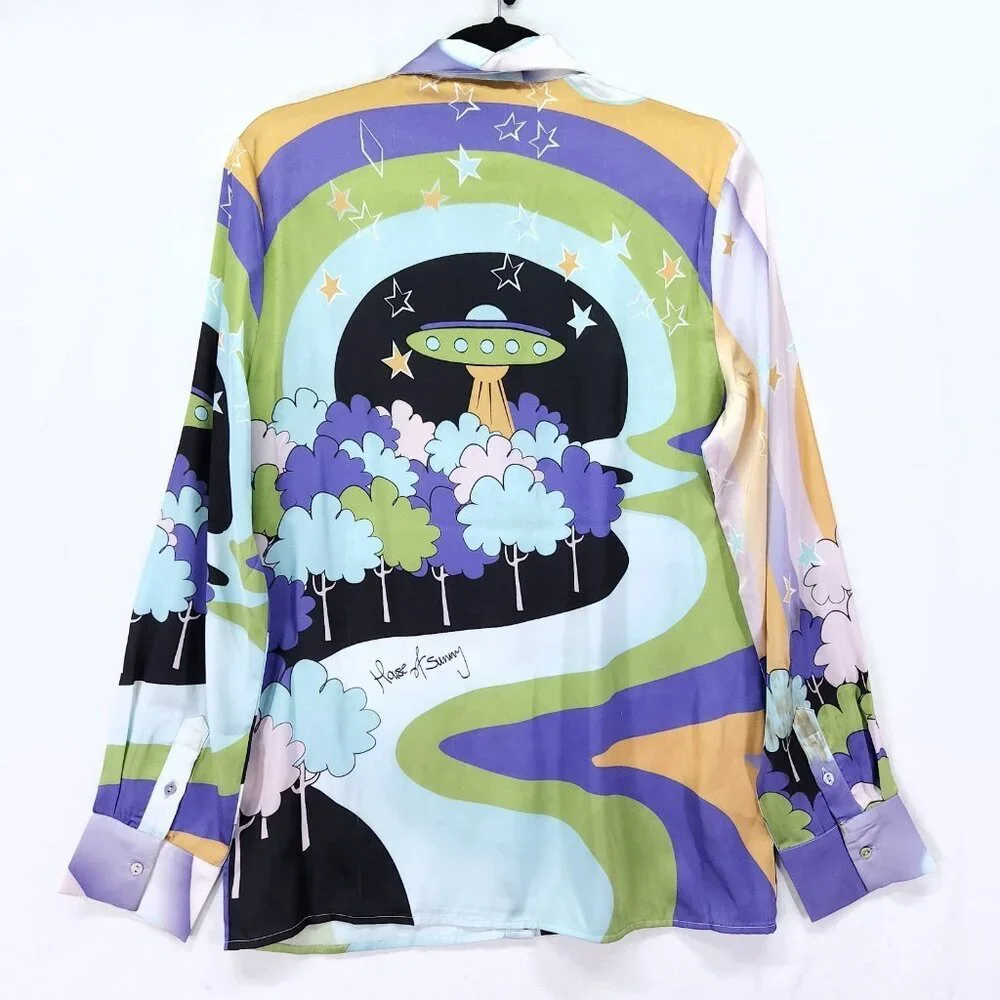 House Of Sunny Nice To Meet You Shirt Womens Size 2 Satin Graphic Button Front - Picture 2 of 15